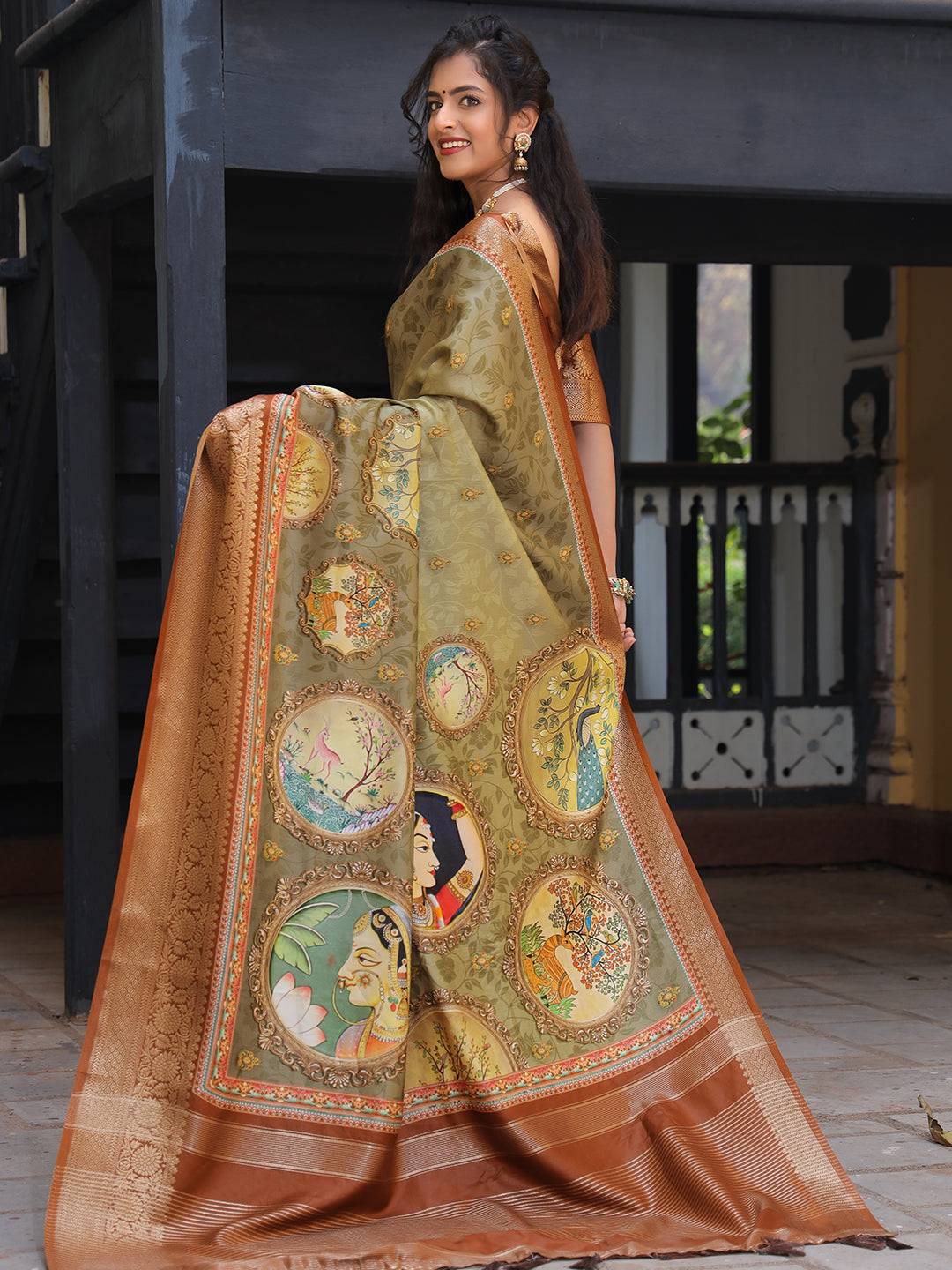 Pure Viscose Dola Silk Saree With Zari Weaving Pallu In Olive Colour - Luxe