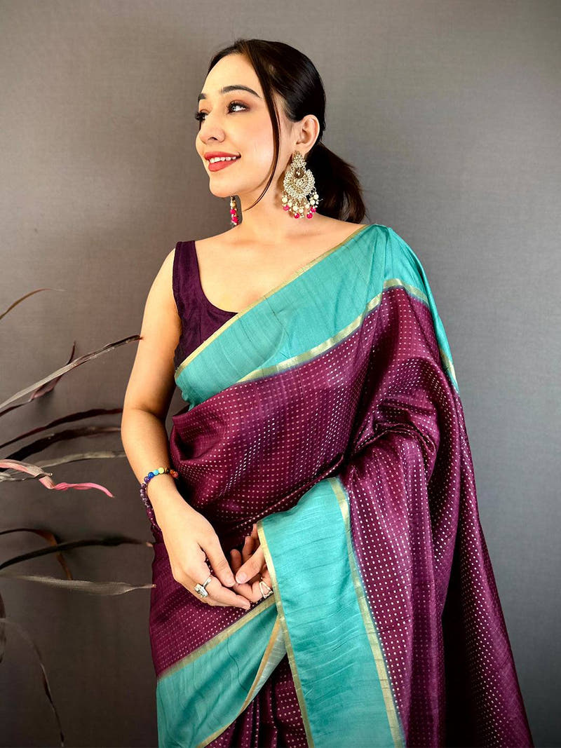 Wine Tussar Gold Zari 1000 Butti Saree