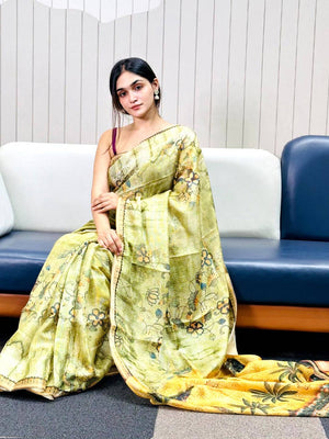 Light Green Kota Doriya Silk Saree With Floral Print