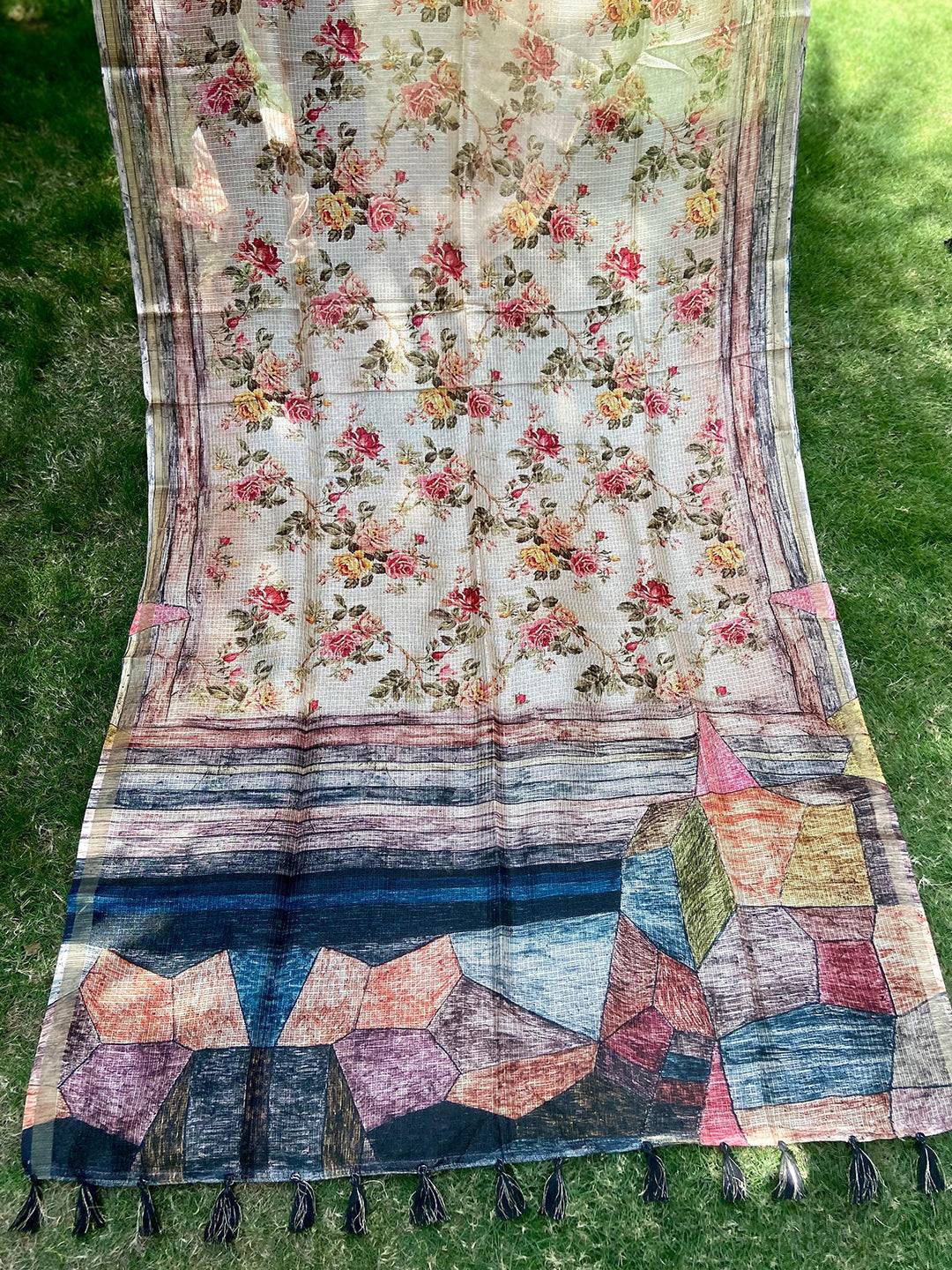 Light Peach Colour Soft Kota Doriya Silk Saree With Flower & abstect Prints
