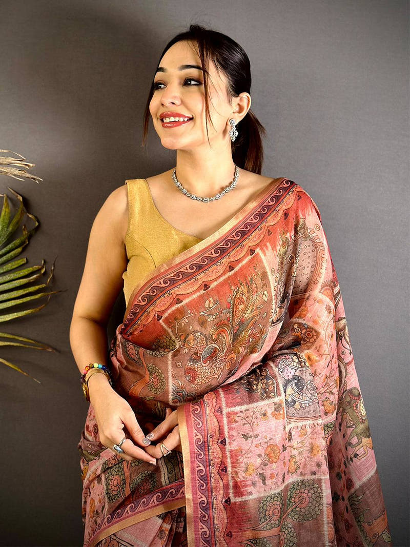 Radiant Minakari Kalamkari Linen Saree