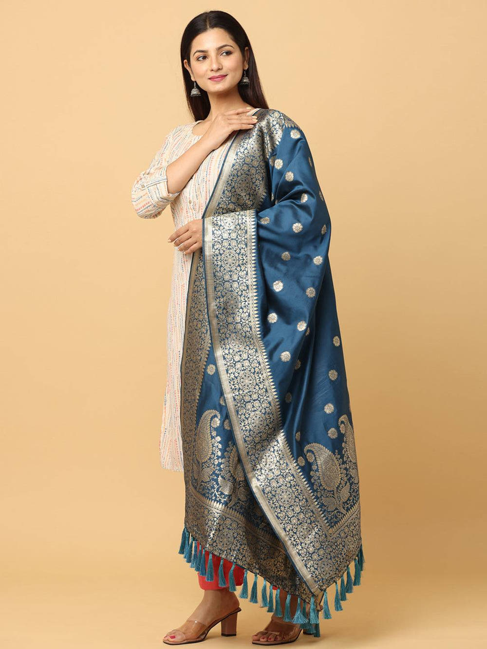 Silk Blend Woven Teal Colour Design Dupatta