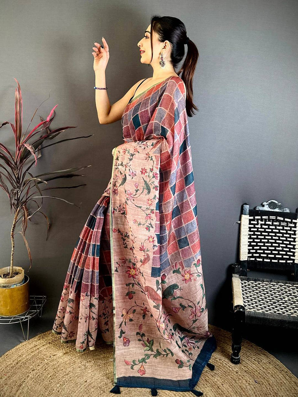 Classic Multicolor Block Print Linen Saree