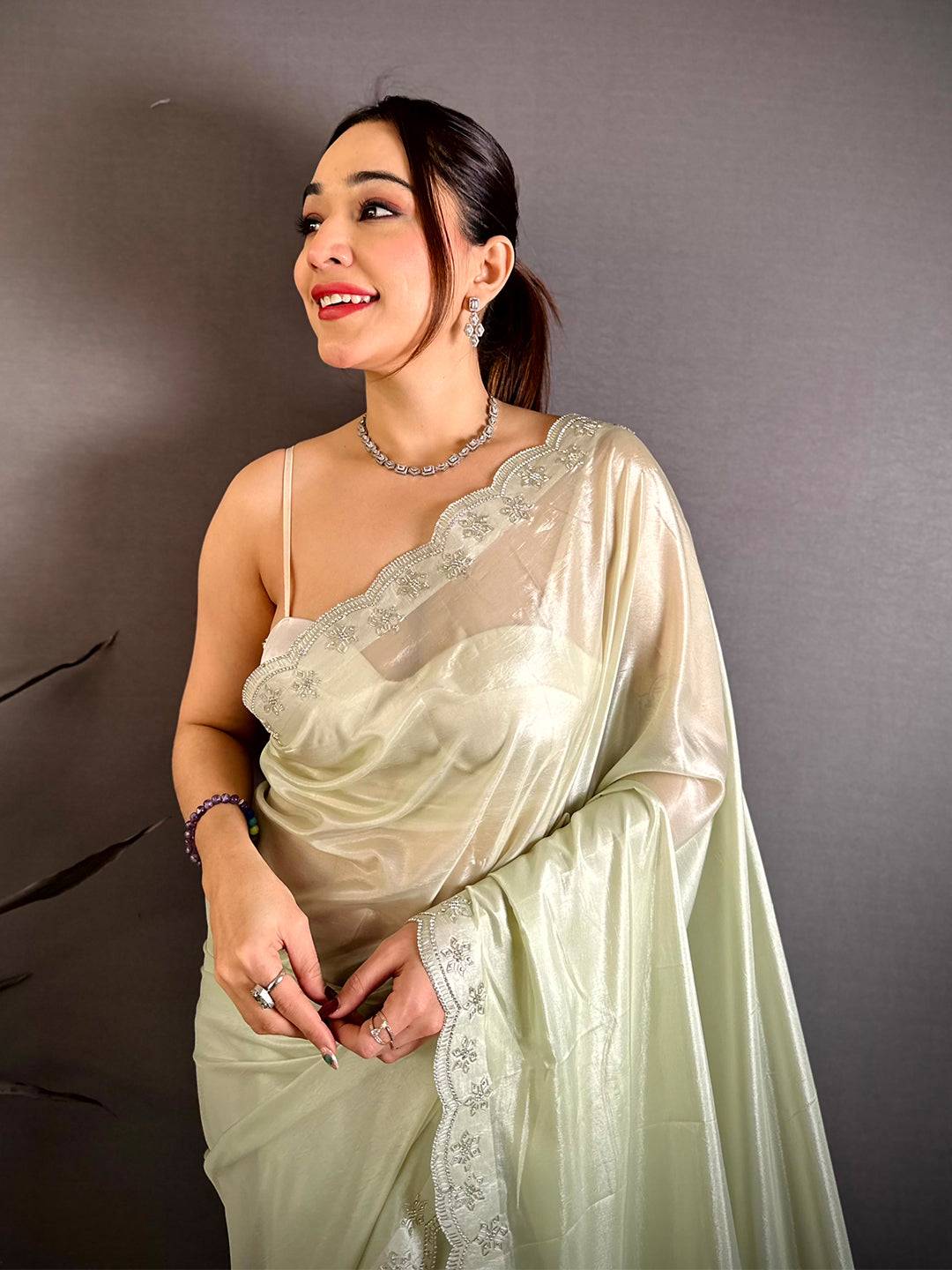 Stylish Silver Glass Stone Work Silk Saree