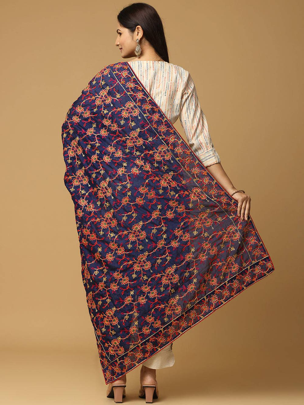 Navy Blue Base Floral Jaal Pashmina Dupatta