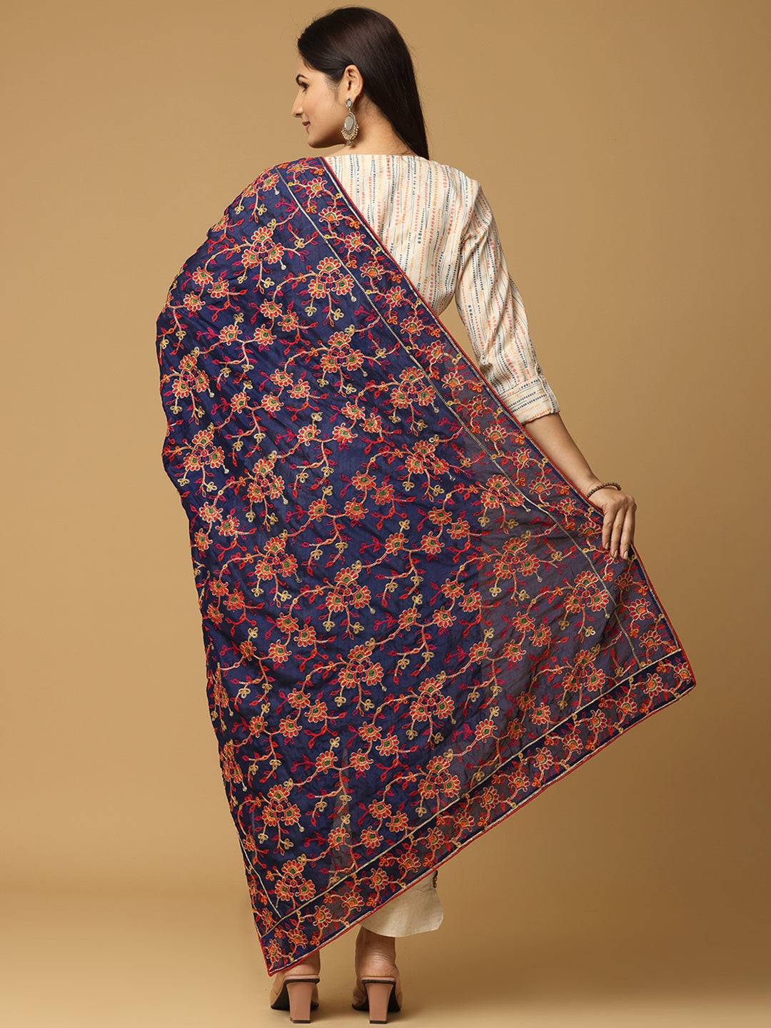 Navy Blue Base Floral Jaal Pashmina Dupatta