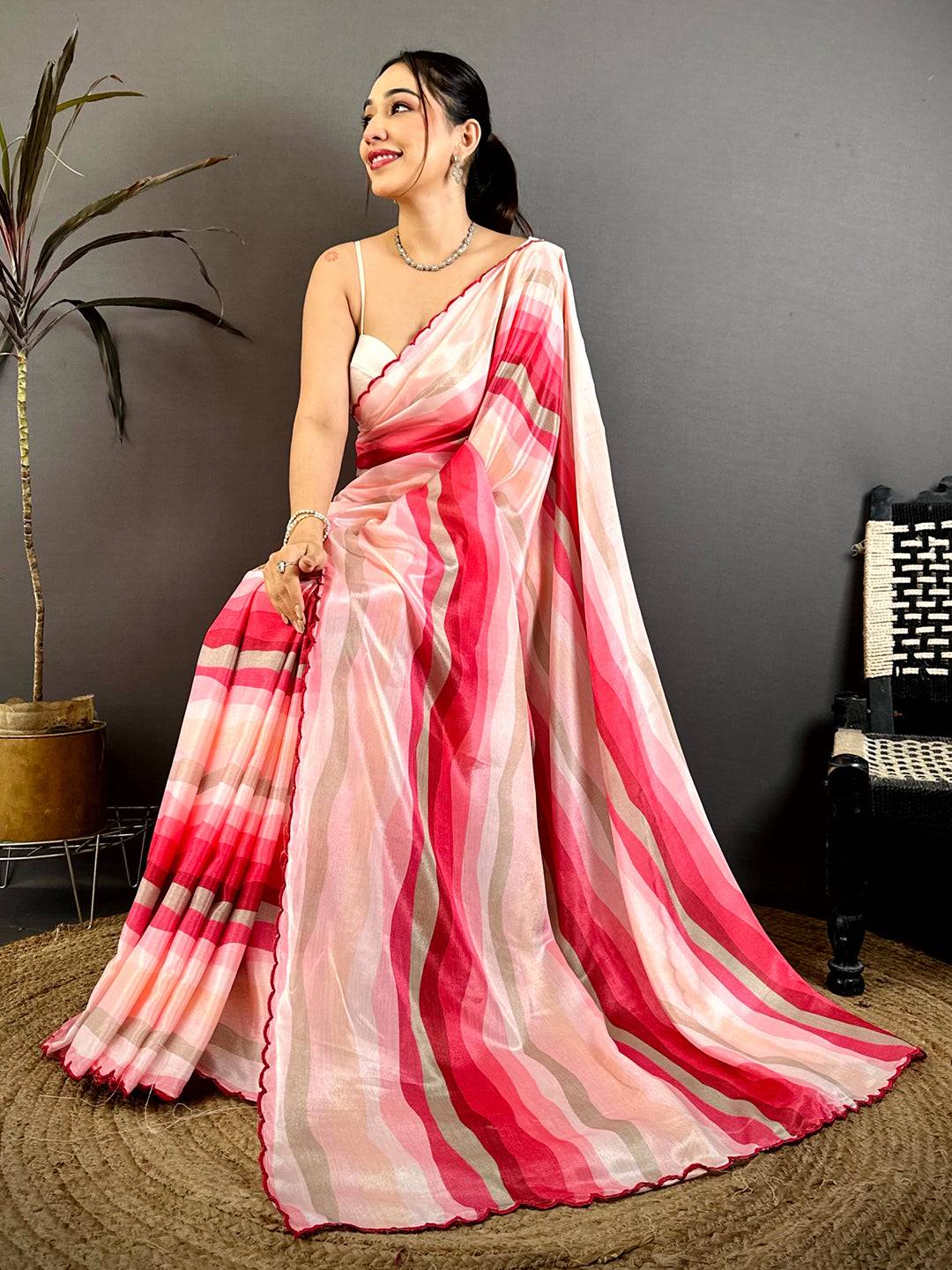 Vibrant Soft Chiffon Striped Cutwork Saree