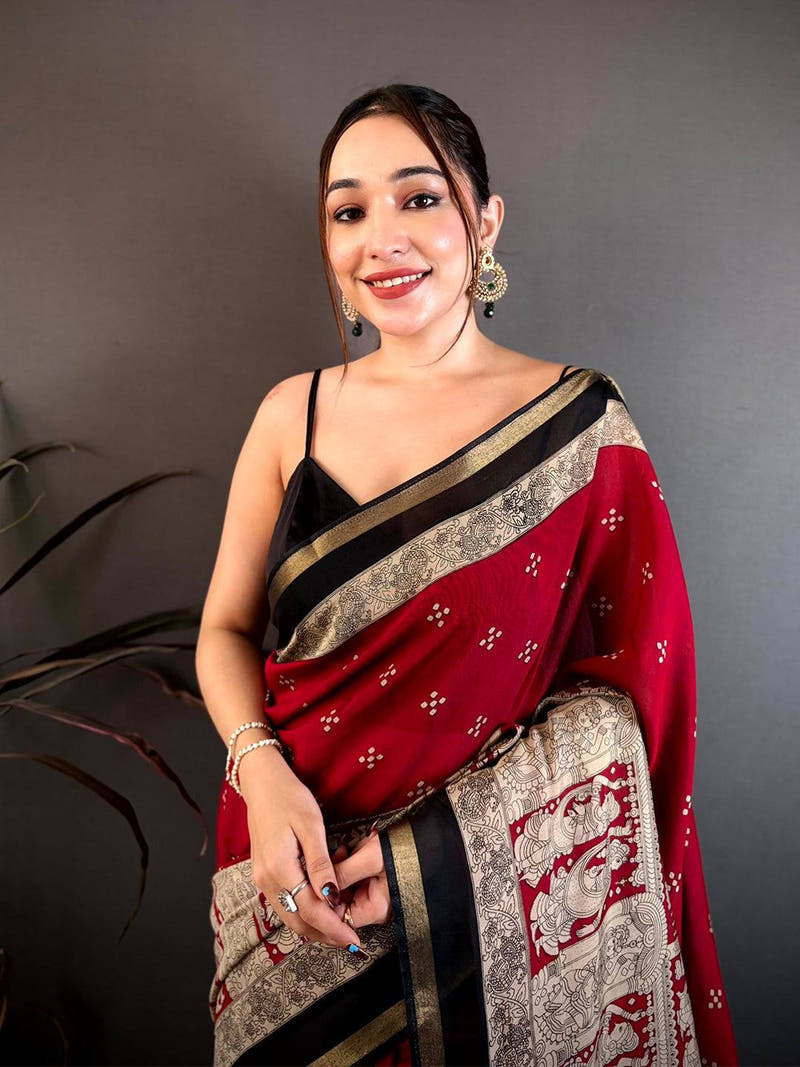 Red Mul Cotton Kalamkari Block Print Saree