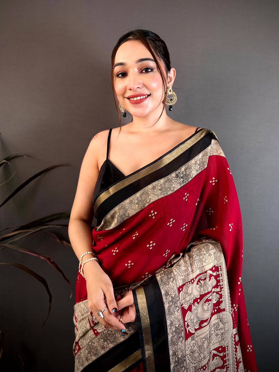Red Mul Cotton Kalamkari Block Print Saree