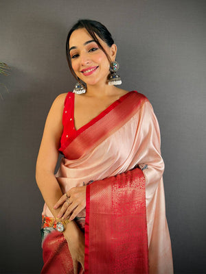 Artful Cherry Satin Kalamkari Printed Saree