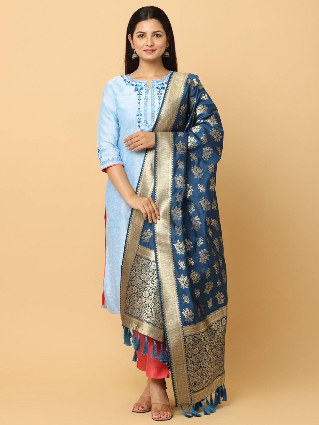 Woven Design Teal Silk Blend Dupatta With Resham Tassels