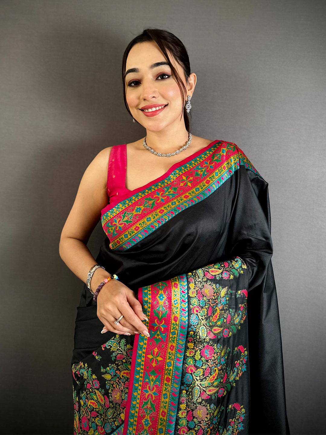 Black Kashmiri Pashmina Semi Silk Saree