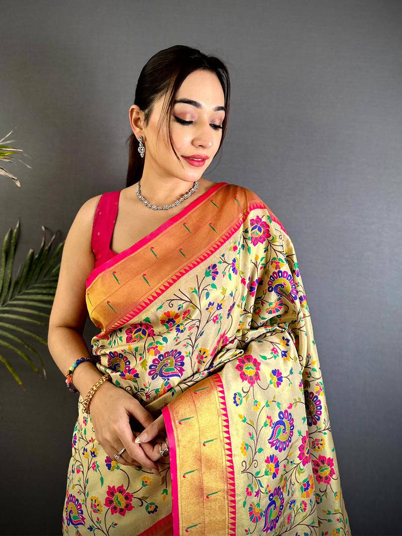 Cream Minakari Weave Soft Paithani Saree