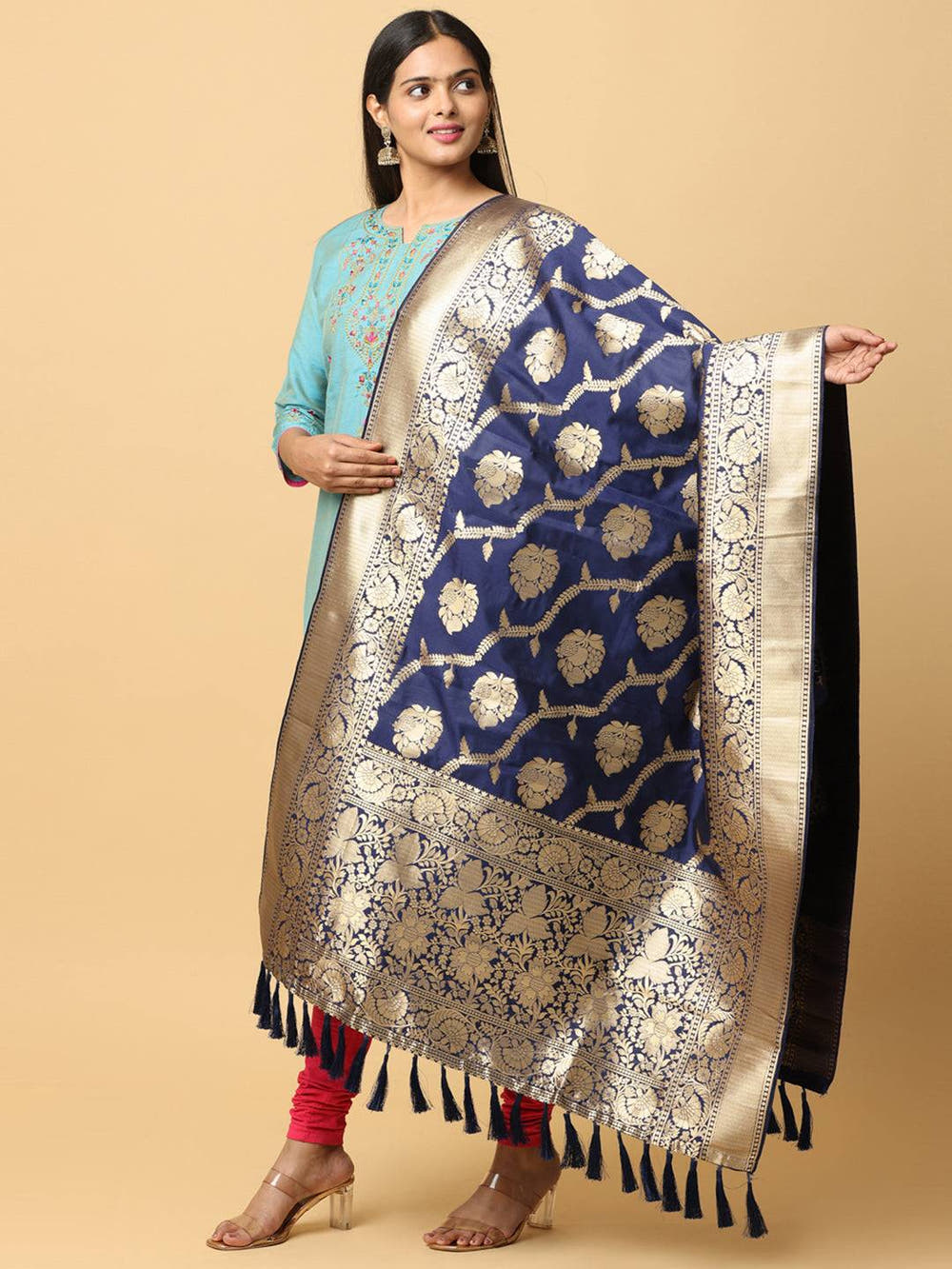 Dark Blue Silk Blend Woven Design Dupatta