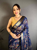 Navy Pen Kalamkari Soft Dola Zari Saree