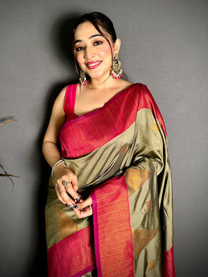 Olive Green Soft Silk Kanjivaram Saree