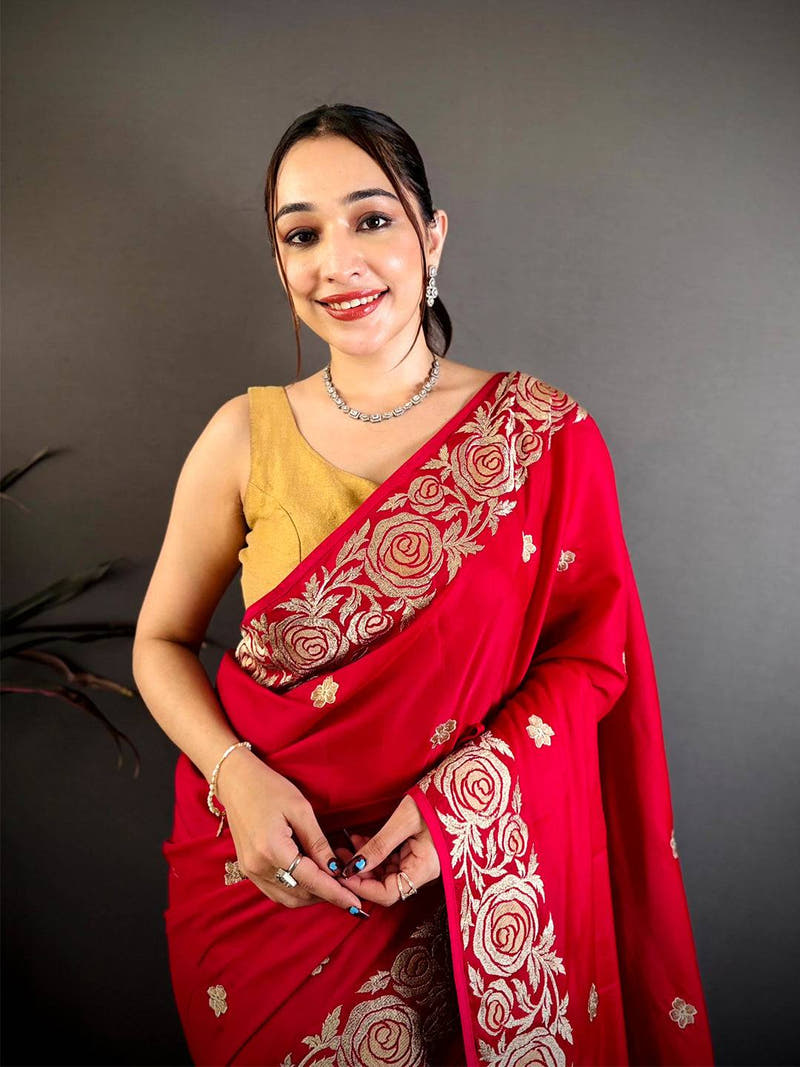 Red Aari Jhalar Tussar Satin Saree