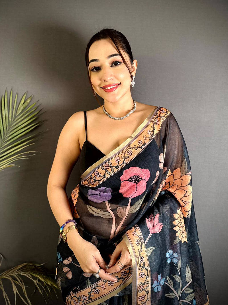 Black Floral Soft Linen Summer Saree
