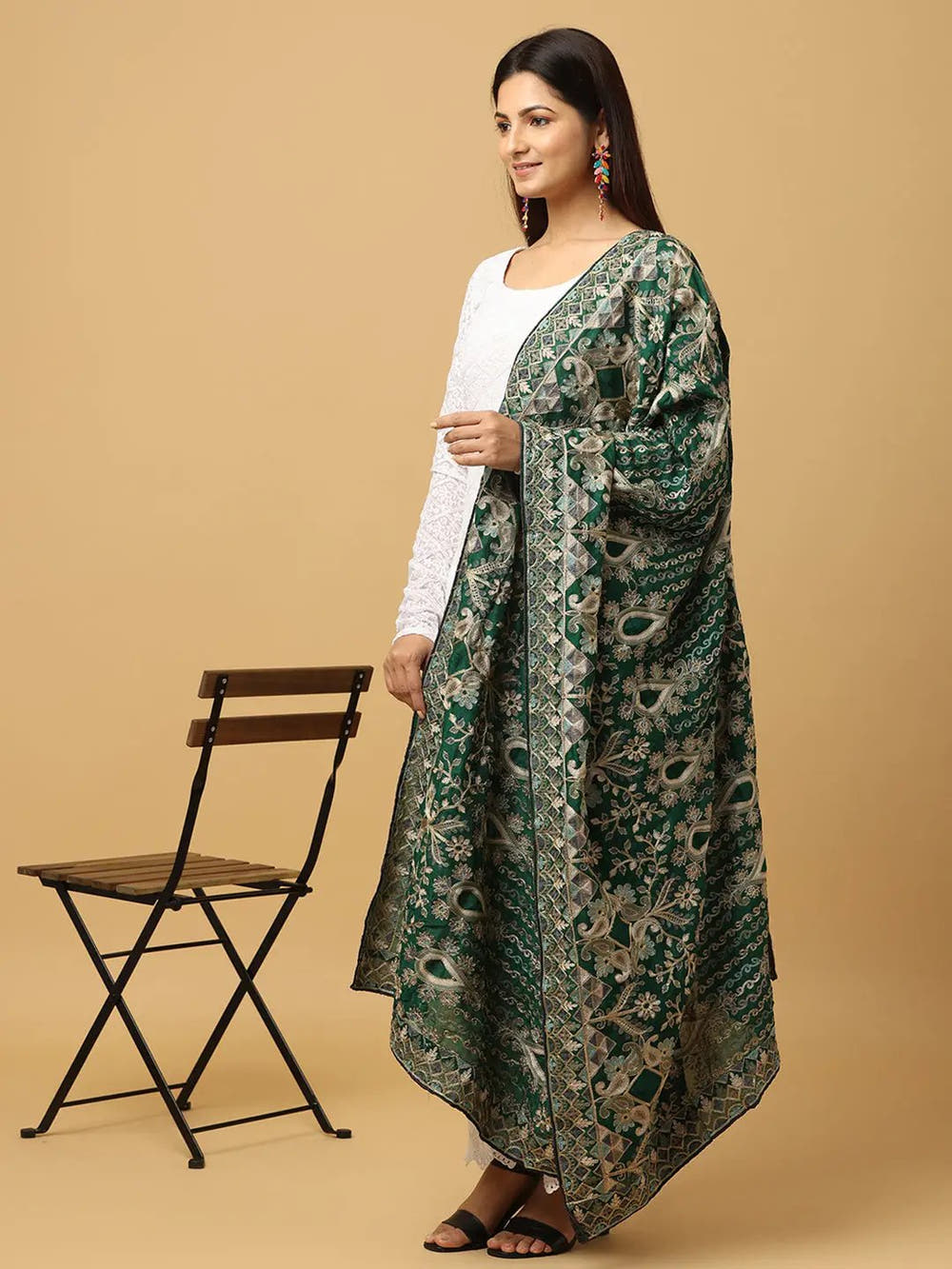 Dark Green Multicolour Floral Pashmina Dupatta