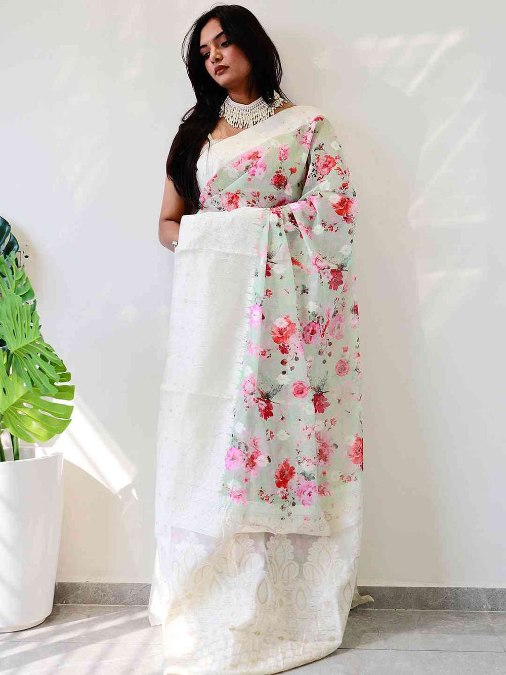 Multi Colour Digital Print Bollywood Saree in Lakhnavi Slub Pattern