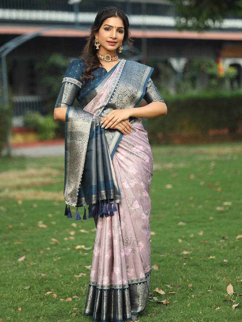 Light Purple Colour Batik Pen kalamkari Saree With Zari Weaving Pallu - Luxe