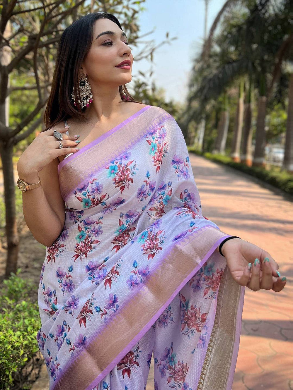 Light Purple Kota With Digital Floral Printed Saree