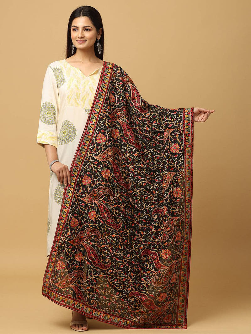 Black Bright Floral Jaal Pashmina Dupatta