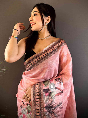 Blush Pink Tissue Floral Leaf Print Saree