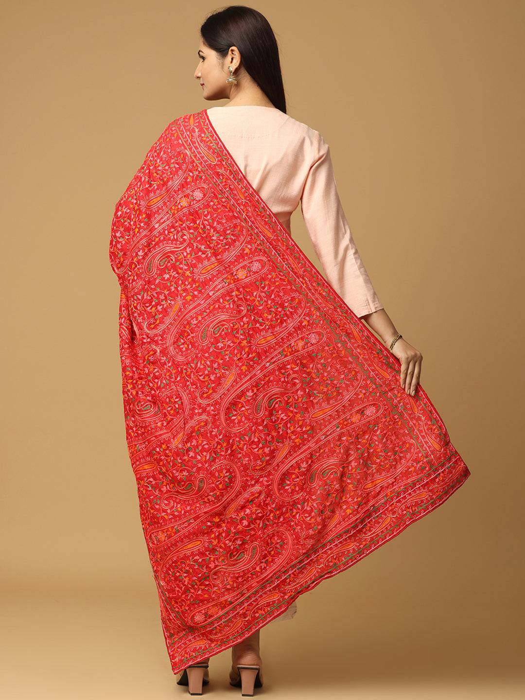 Red Fine Paisley Allover Pashmina Dupatta