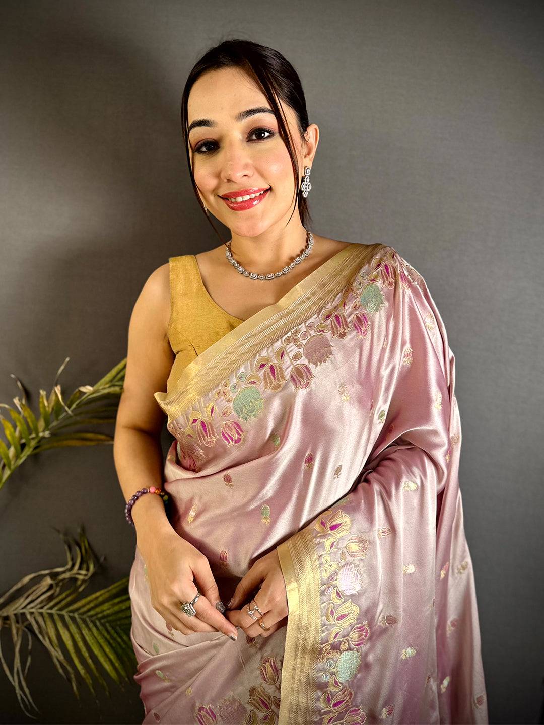 Blush Pink Satin Silk Zari Weave Saree