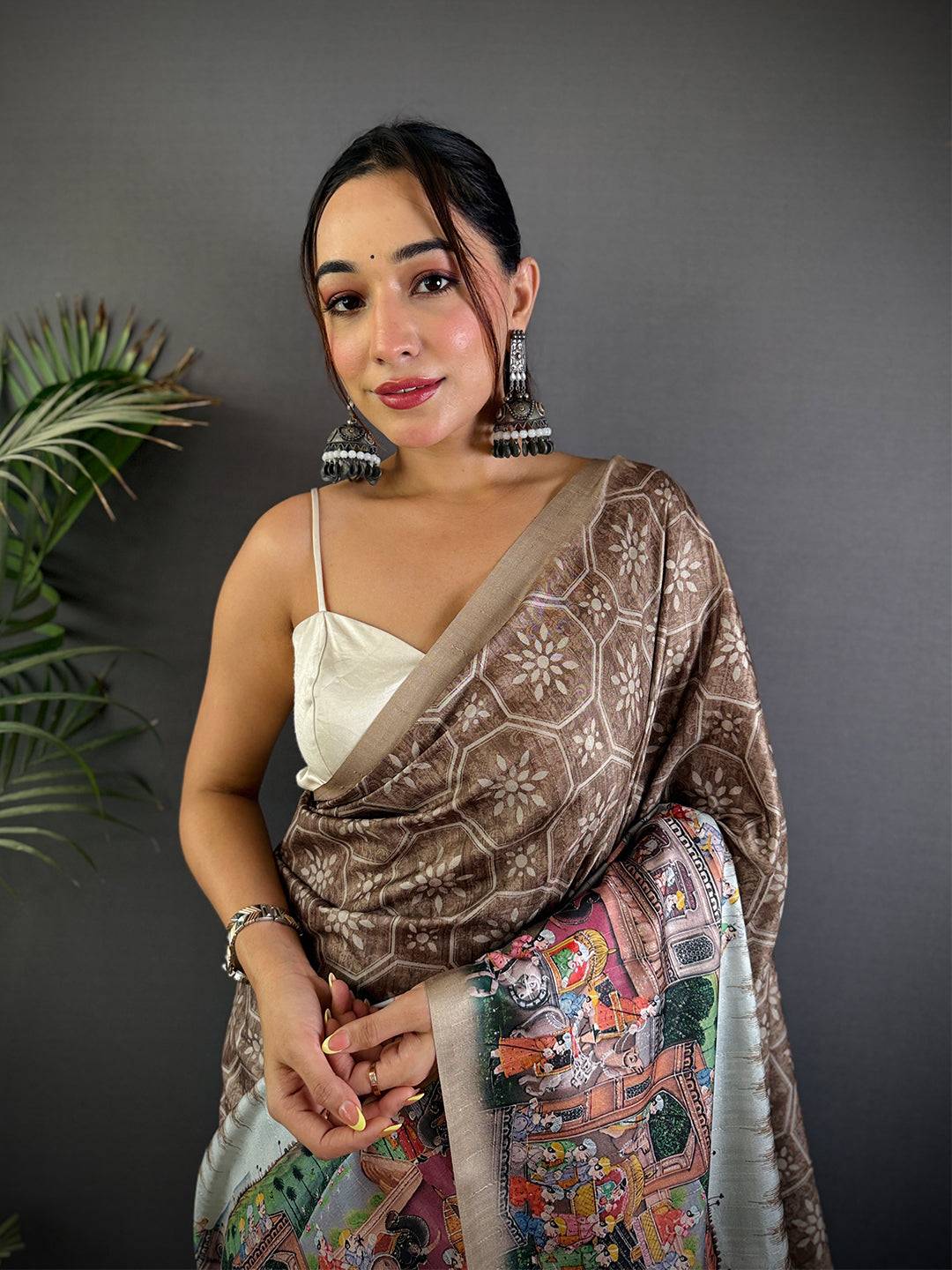 Taupe Kalamkari Digital Printed Saree