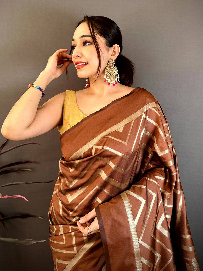 Brown Geometric Zari Weave Banarasi Saree