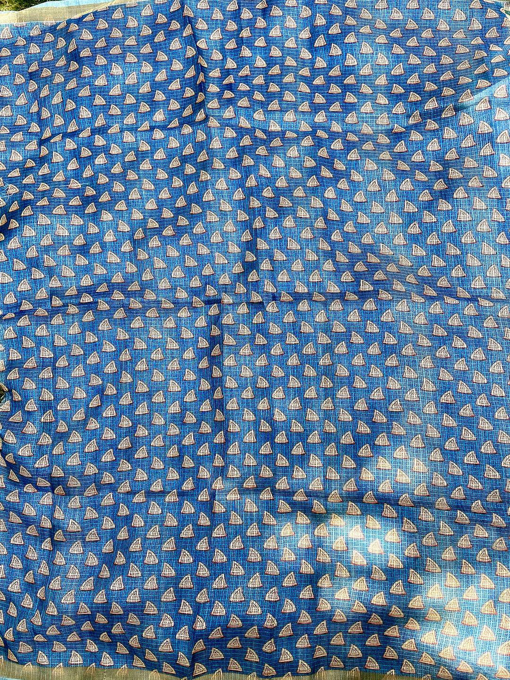 Sky Blue Soft Kota Doriya Silk Saree With Flower Kalamkari Print