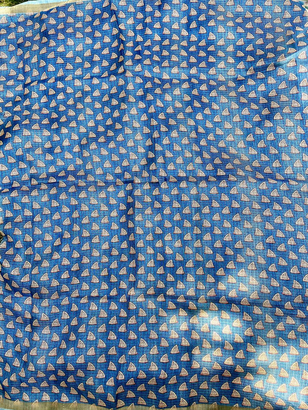 Sky Blue Soft Kota Doriya Silk Saree With Flower Kalamkari Print