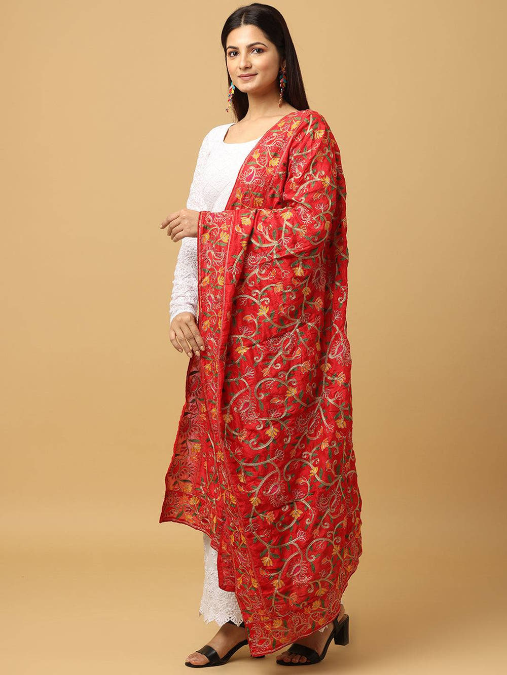Red Scattered Floral Pashmina Dupatta