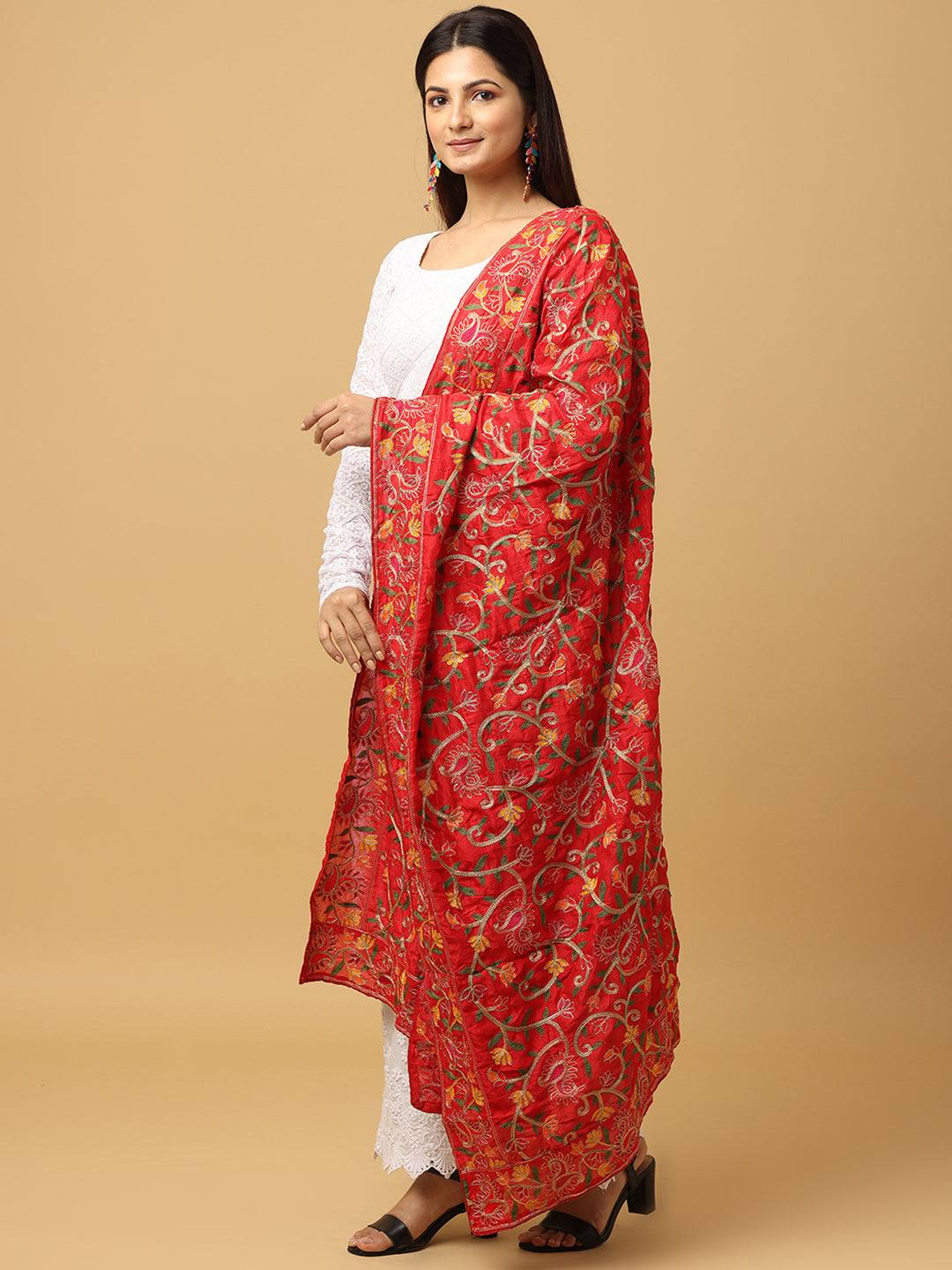 Red Scattered Floral Pashmina Dupatta