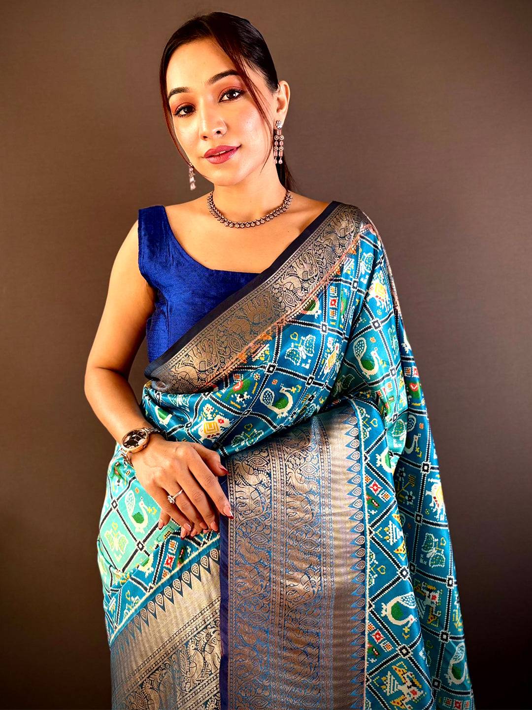 Ombre Sky Blue Soft Silk Patola Print Saree