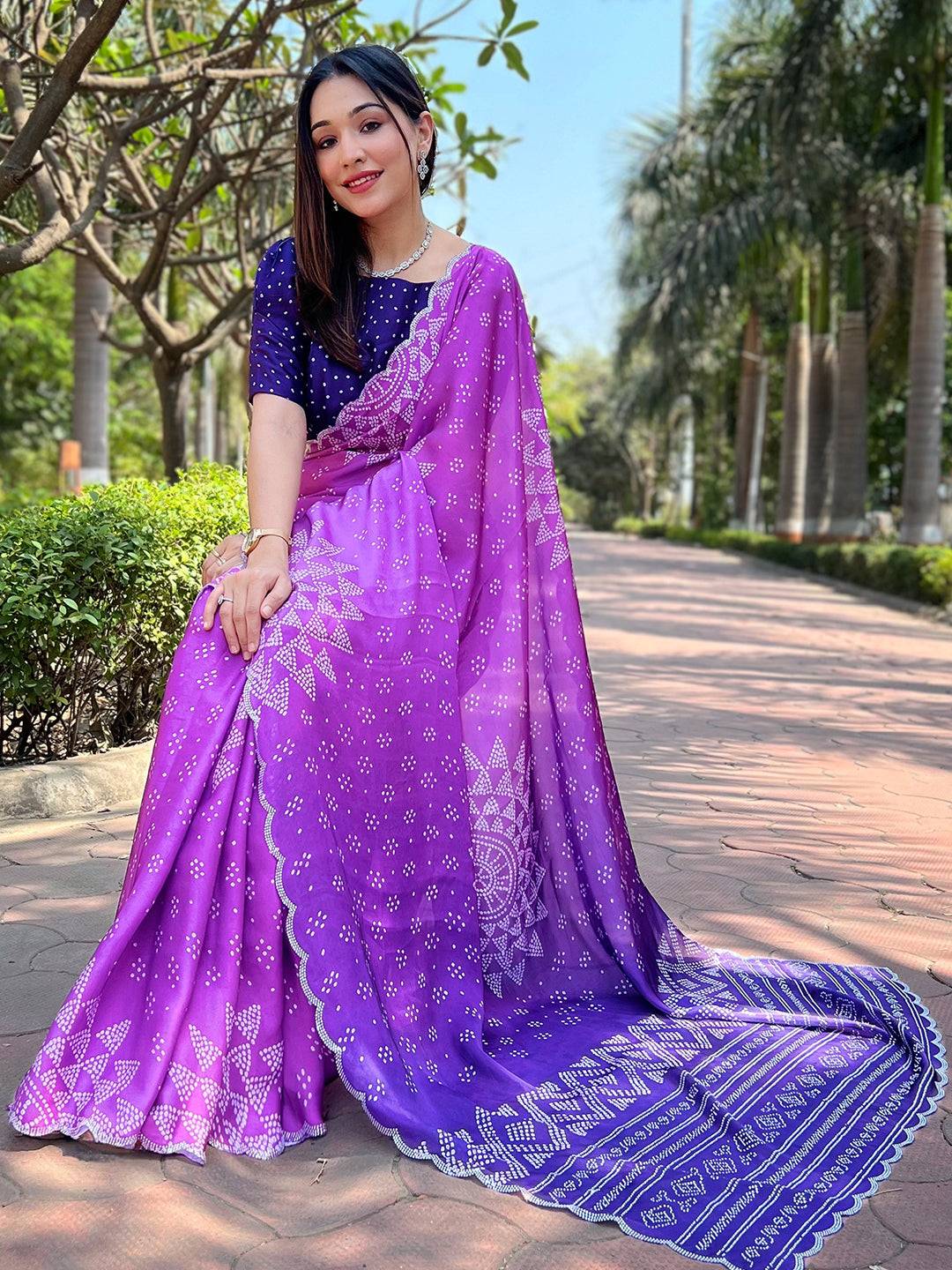 Purple Ombre Bandhej Georgette Silk Saree