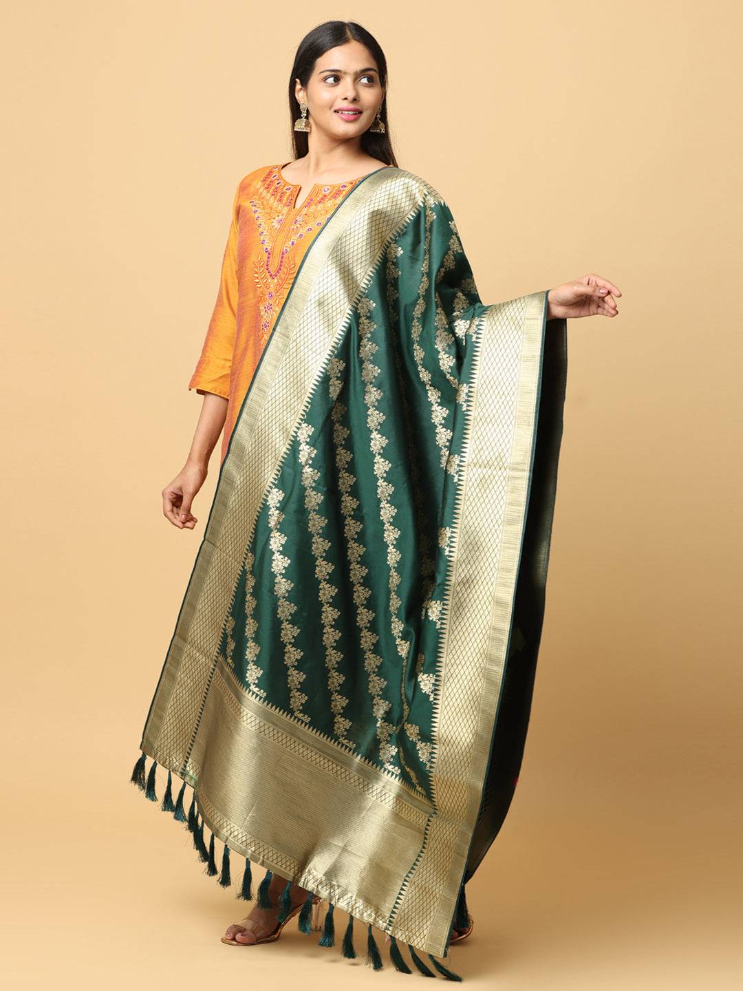 Bottle Green Colour Woven Design Dupatta