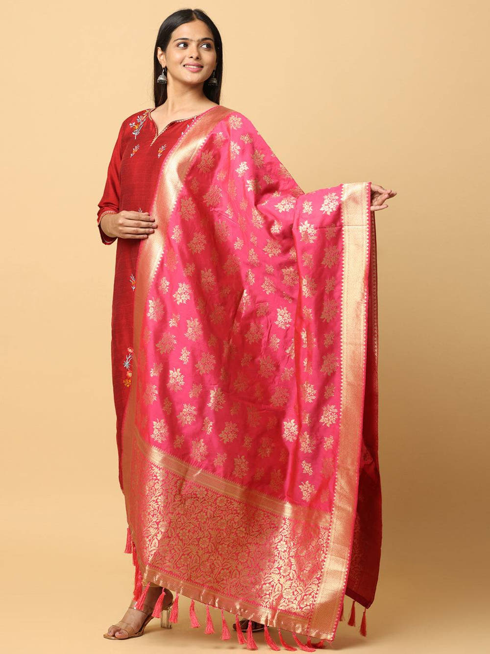 Woven Design Rani Silk Blend Dupatta With Resham Tassels