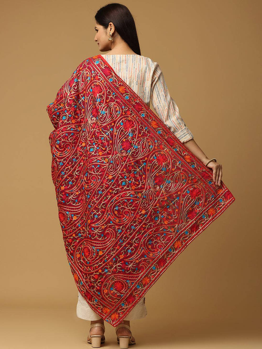 Wine Allover Paisley Border Pashmina Dupatta