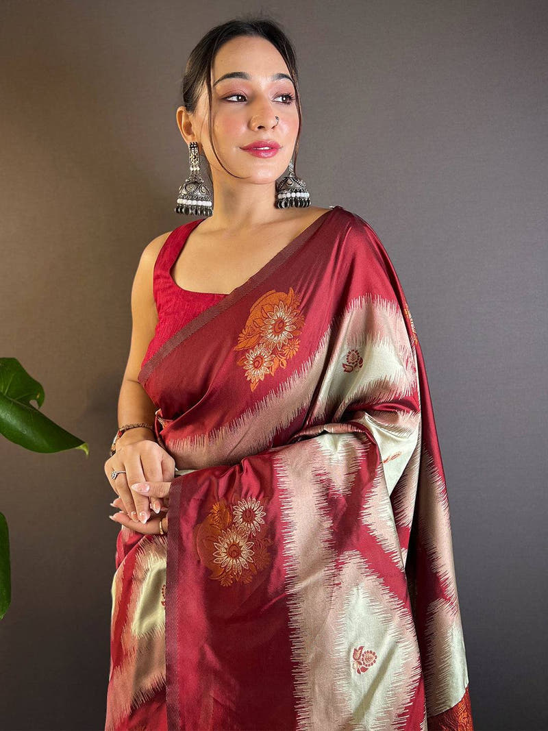Maroon Tussar Silk Ikkat Weaving  Saree