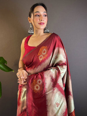 Maroon Tussar Silk Ikkat Weaving  Saree