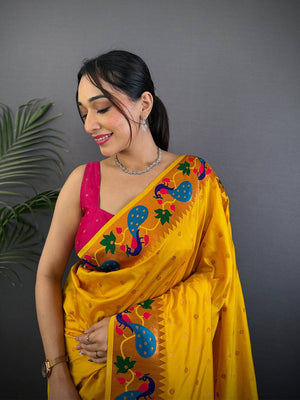 Mustard Yellow Yeola Paithani Soft Silk Saree