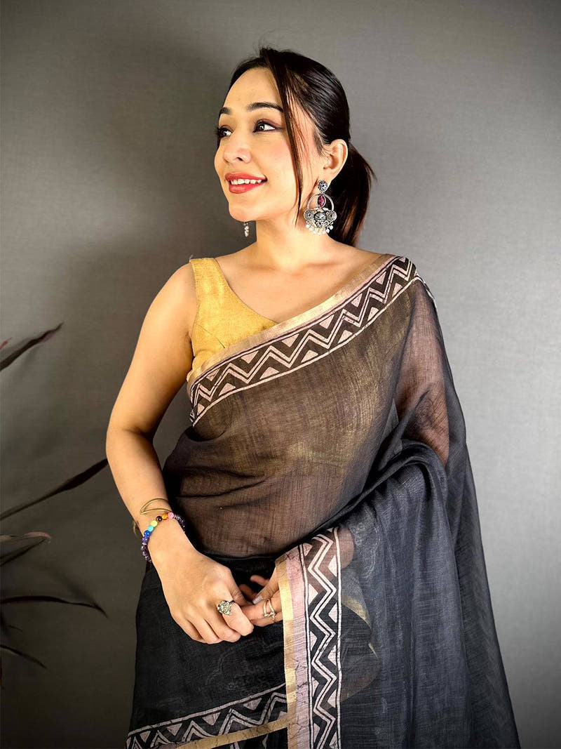 Regal Ajrakh Print Linen Saree