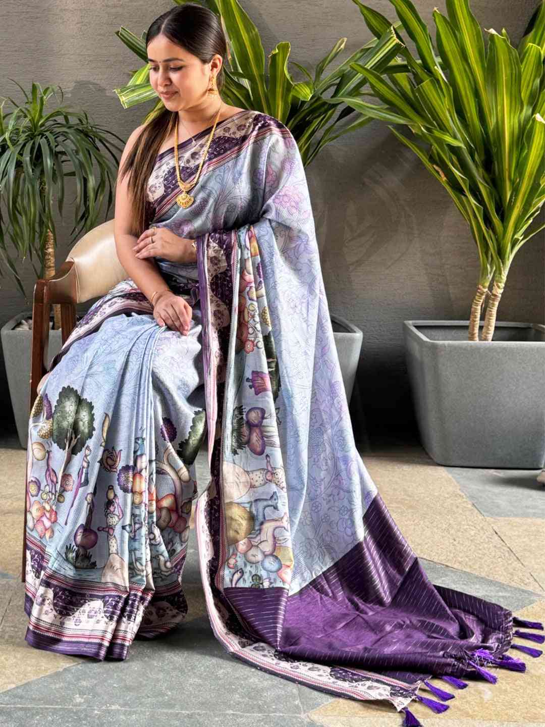 Lavender Colour Satin Kota Doria Digital Kalamkari Zari Pallu