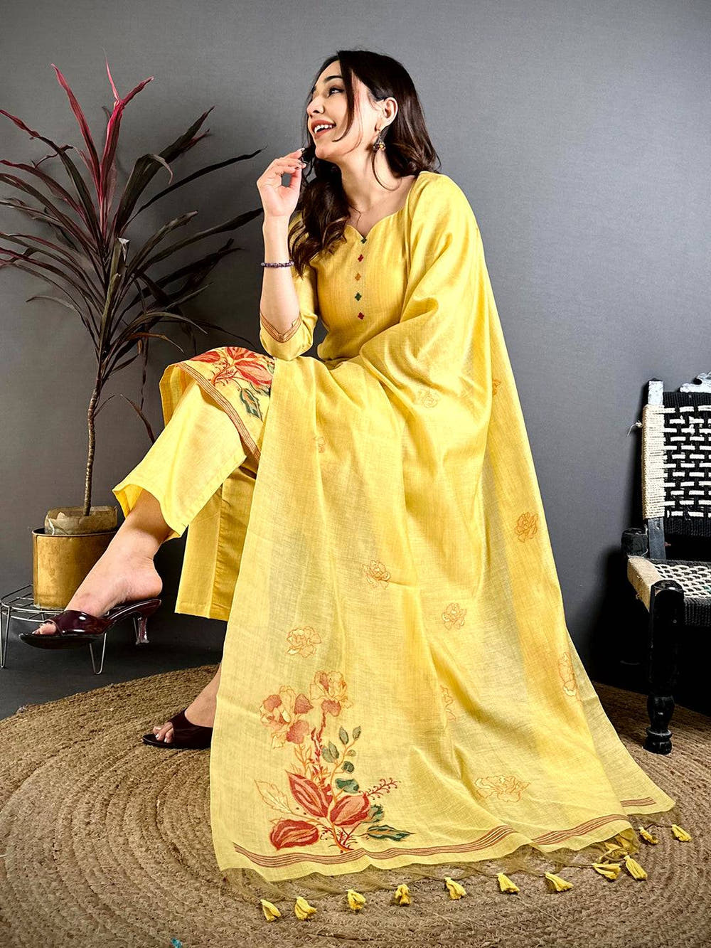 Mustard  Floral  Weave   Dress