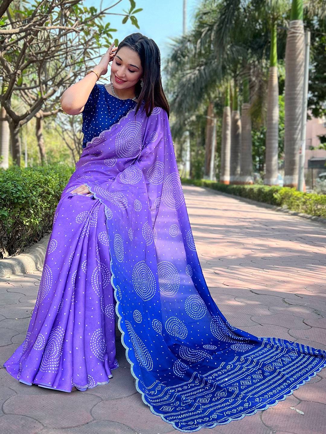 Lavender Ombre Bandhej Georgette Silk Saree