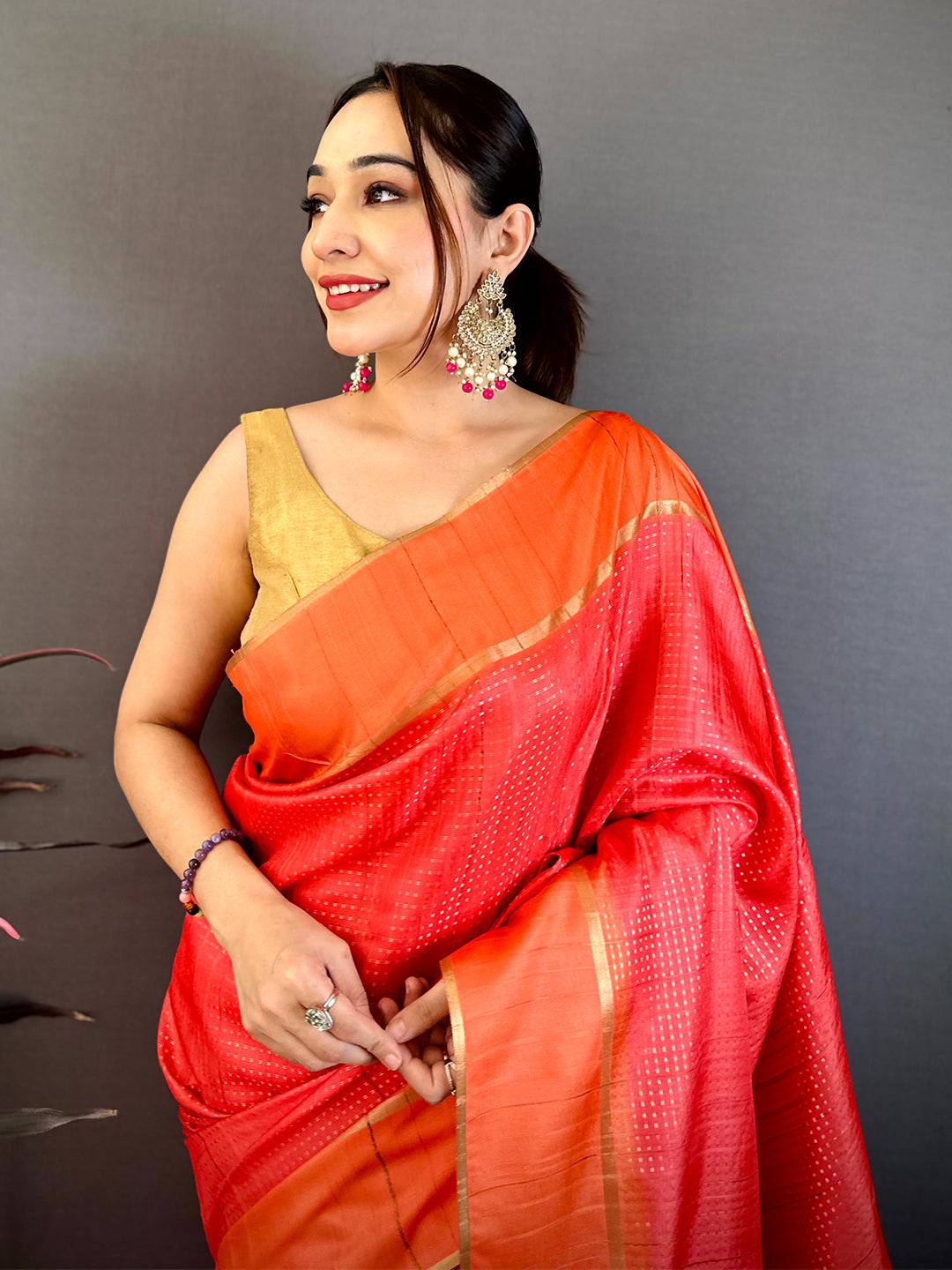Deep Orange Tussar Gold Zari 1000 Butti Saree