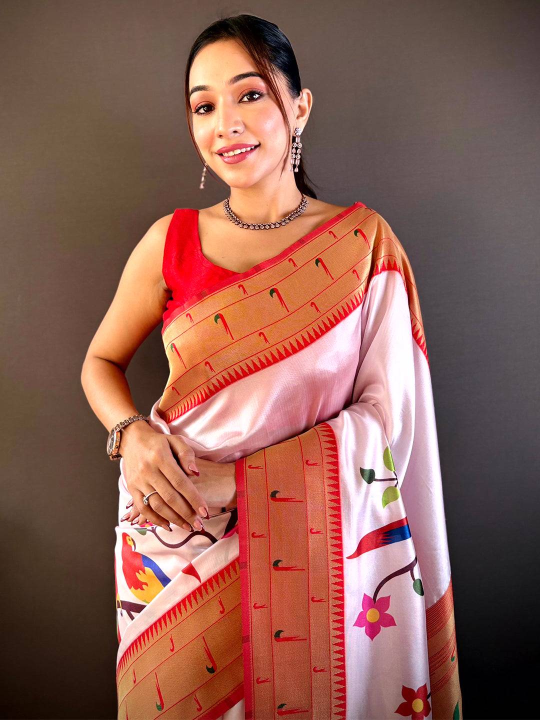 Minakari Soft Silk Bird Print Saree